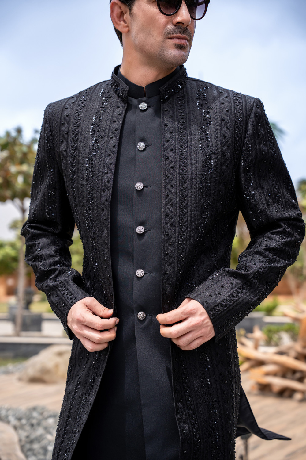 BLACK EMBROIDED FRONT OPEN DOUBLE SHERWANI