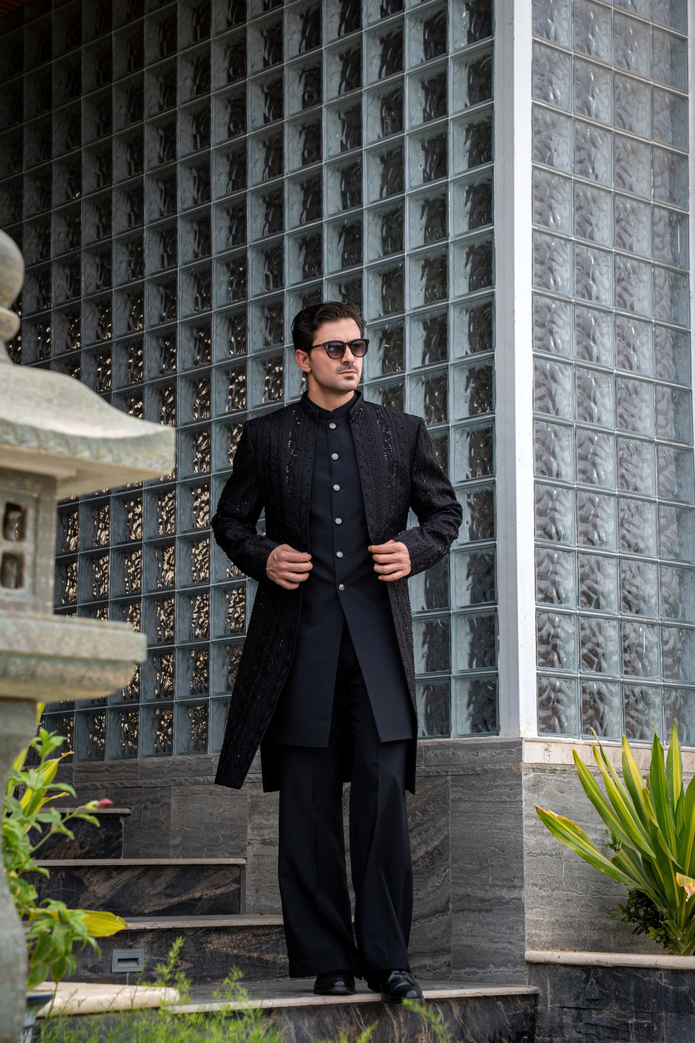 BLACK EMBROIDED FRONT OPEN DOUBLE SHERWANI
