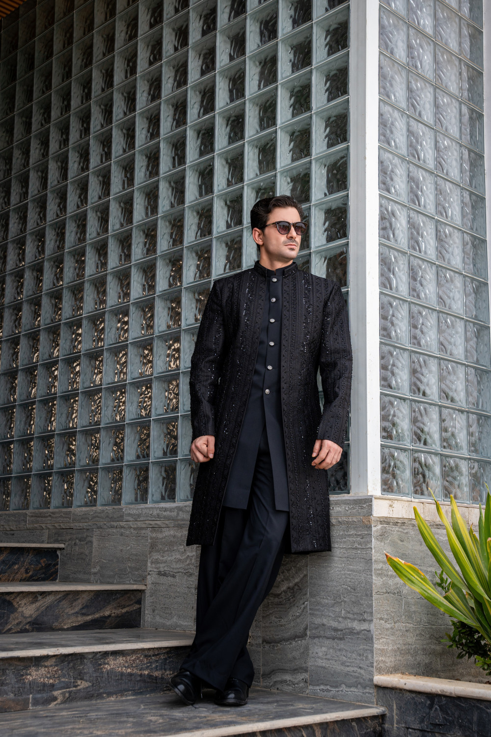 BLACK EMBROIDED FRONT OPEN DOUBLE SHERWANI