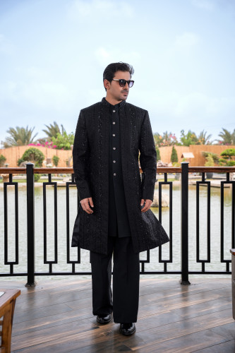 BLACK EMBROIDED FRONT OPEN DOUBLE SHERWANI