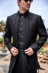 BLACK EMBROIDED FRONT OPEN DOUBLE SHERWANI