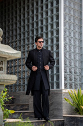 BLACK EMBROIDED FRONT OPEN DOUBLE SHERWANI