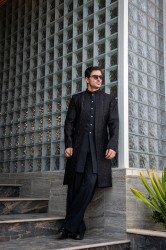 BLACK EMBROIDED FRONT OPEN DOUBLE SHERWANI